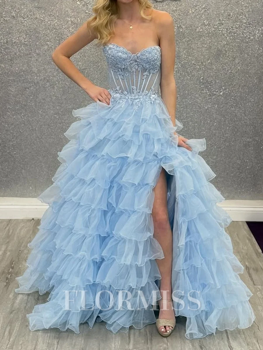 A-line Sweetheart Cascading Ruffles Floor-Length Tulle Corset Prom Dress