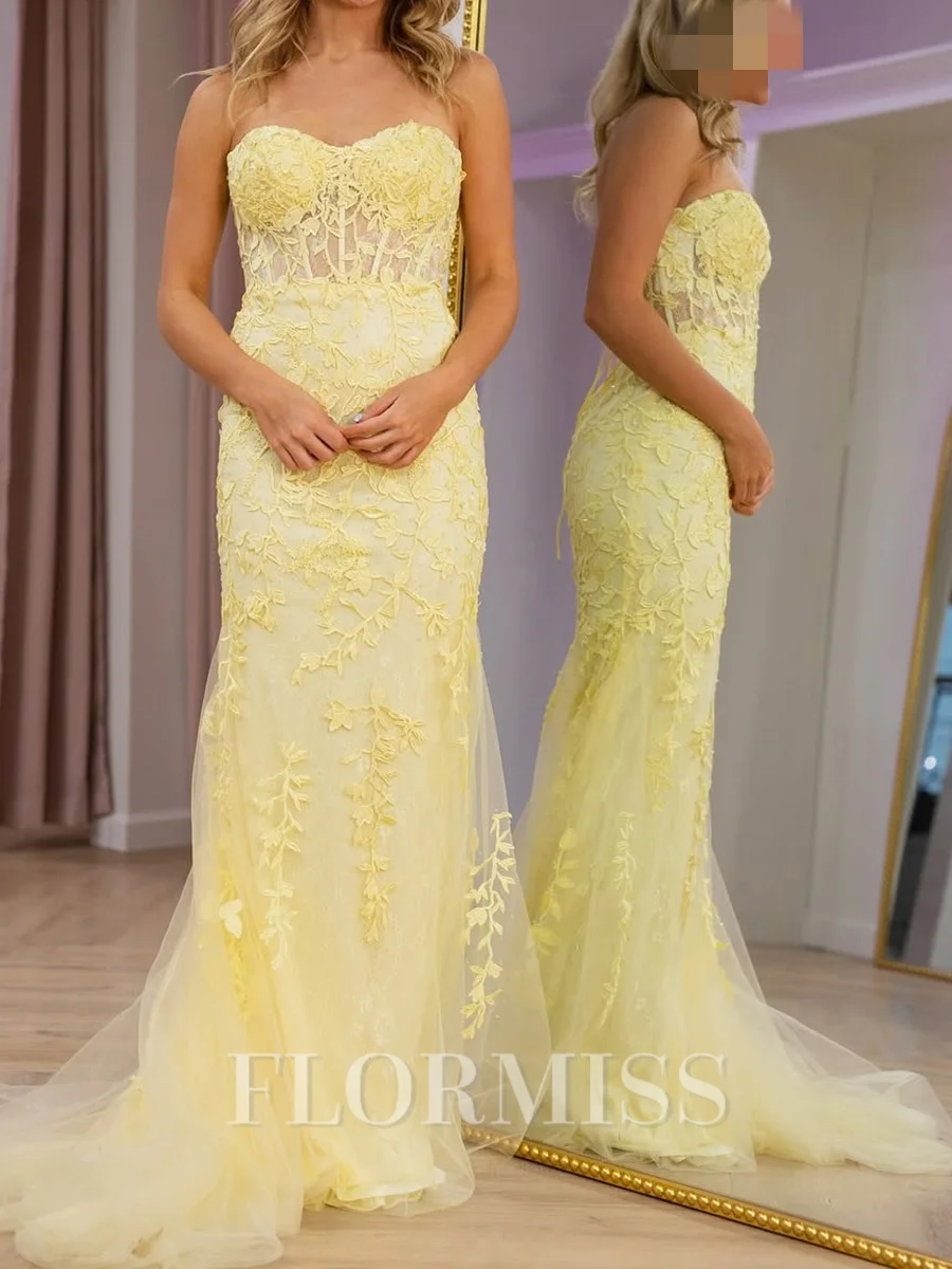 Sheath Sweetheart Appliques Lace Court Train Tulle Corset Prom Dress