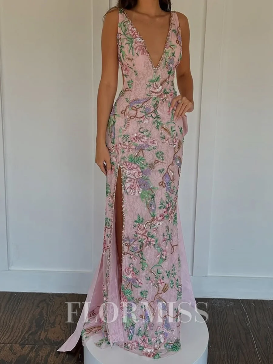 Sheath V-neck Bow Floor-Length Lace Prom Dress