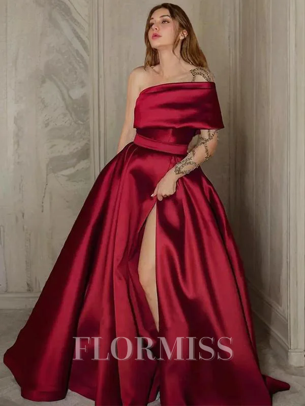 A-Line/Princess One-Shoulder Sweep Train Satin Prom Dresses With Leg Slit
