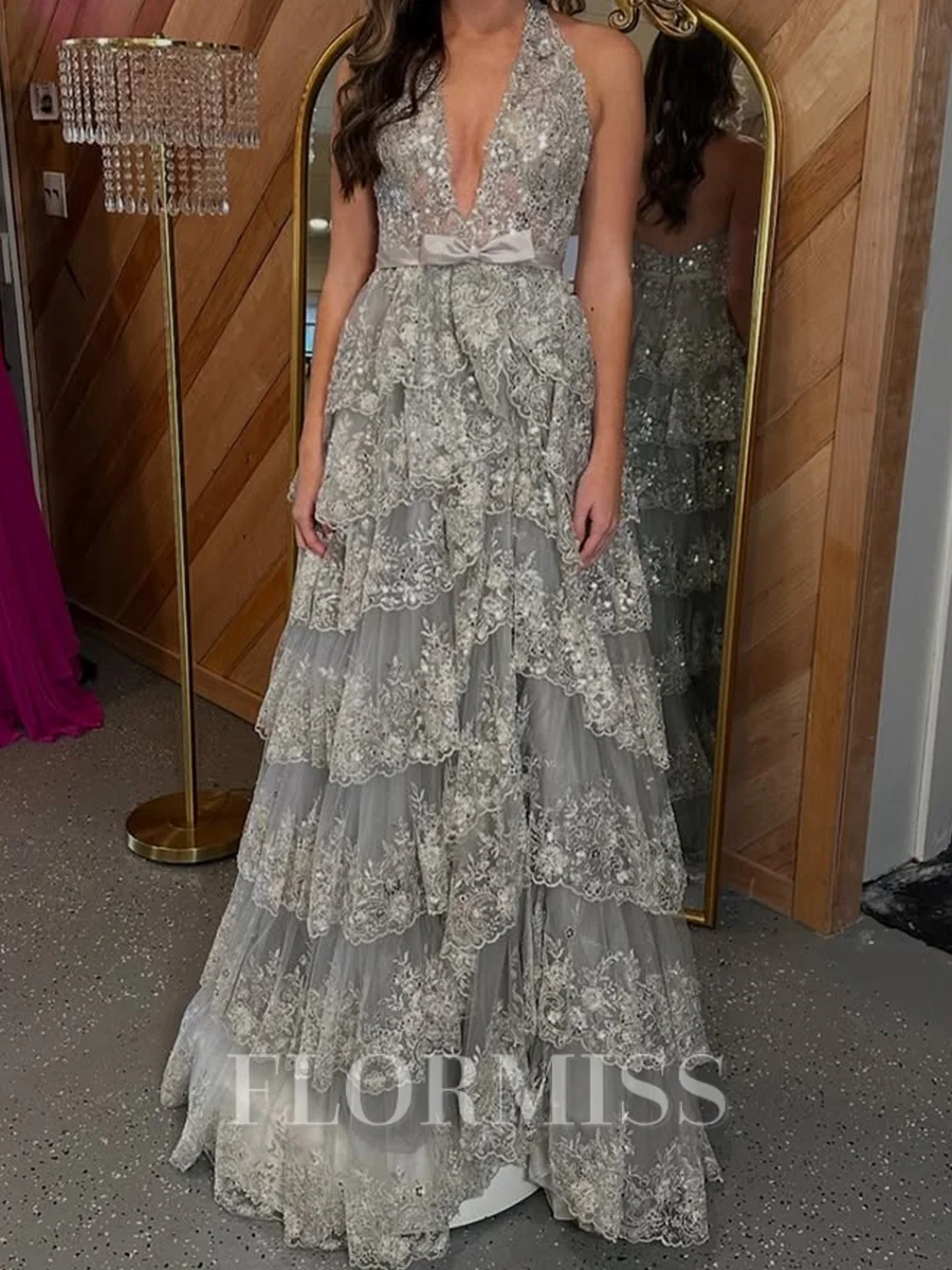 A-line V-neck Cascading Ruffles Floor-Length Tulle Corset Prom Dress