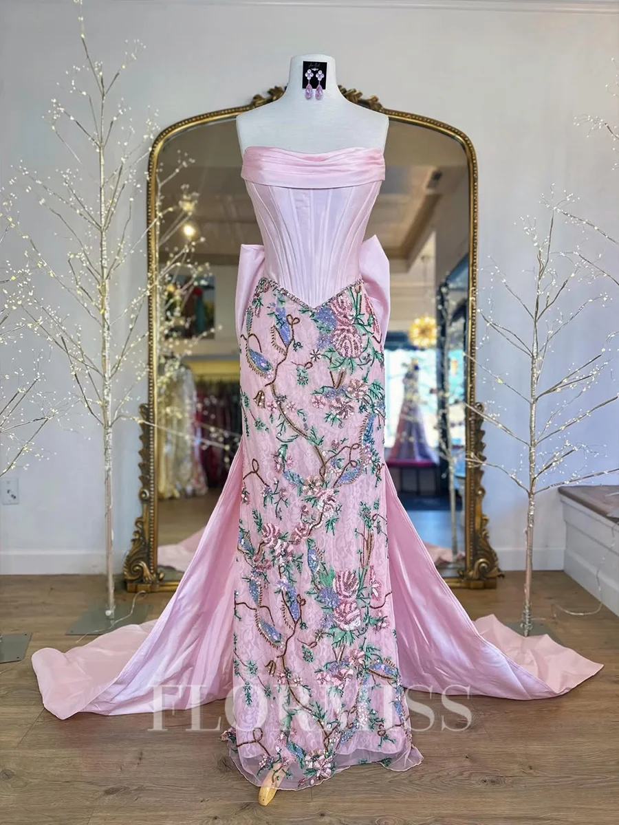 Sheath Straight Bow Sweep Train Satin Corset Prom Dress