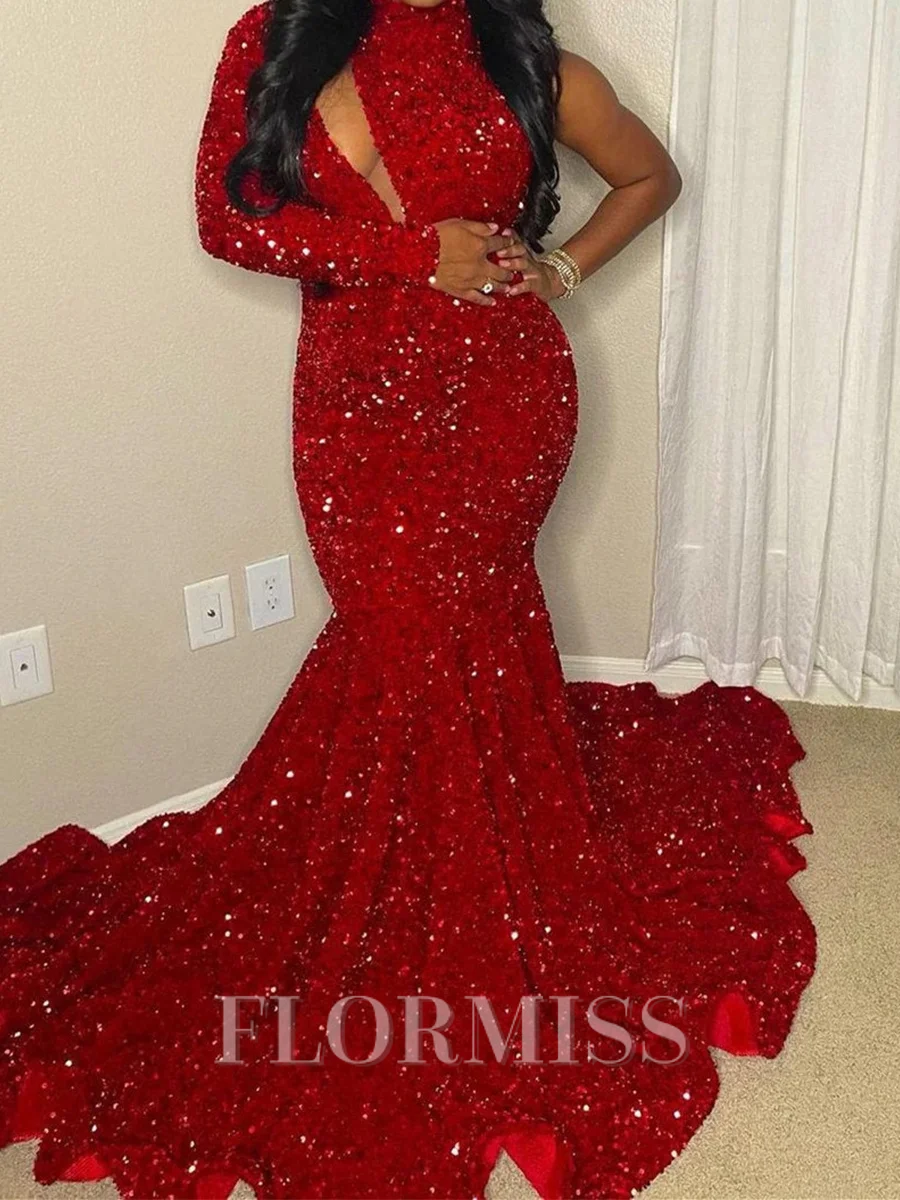 Mermaid High Neck Long Sleeves Sequin Sweep Train Velvet Sequins Prom Dress
