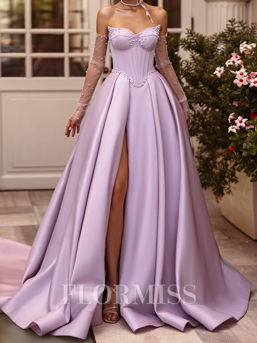 A-line Sweetheart Ruffles Chapel Train Satin Corset Prom Dress