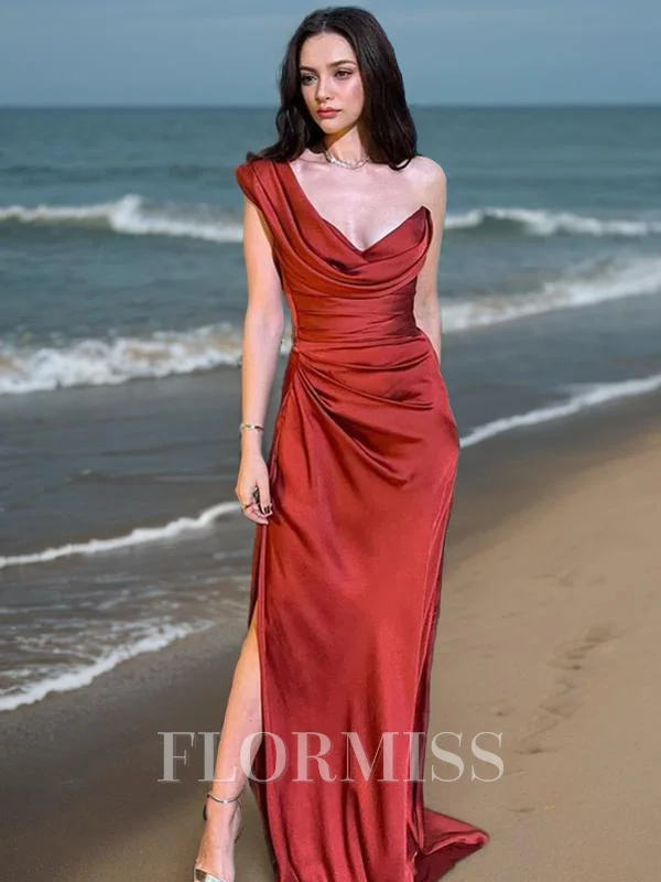 Sheath/Column One-Shoulder Sweep Train Silk Like Satin Prom Dresses With Leg Slit