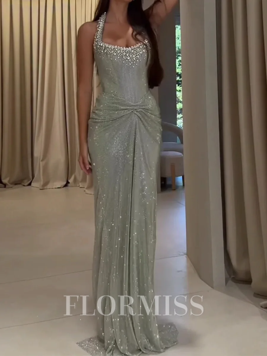 Sheath Halter Sequin Court Train Corset Prom Dress