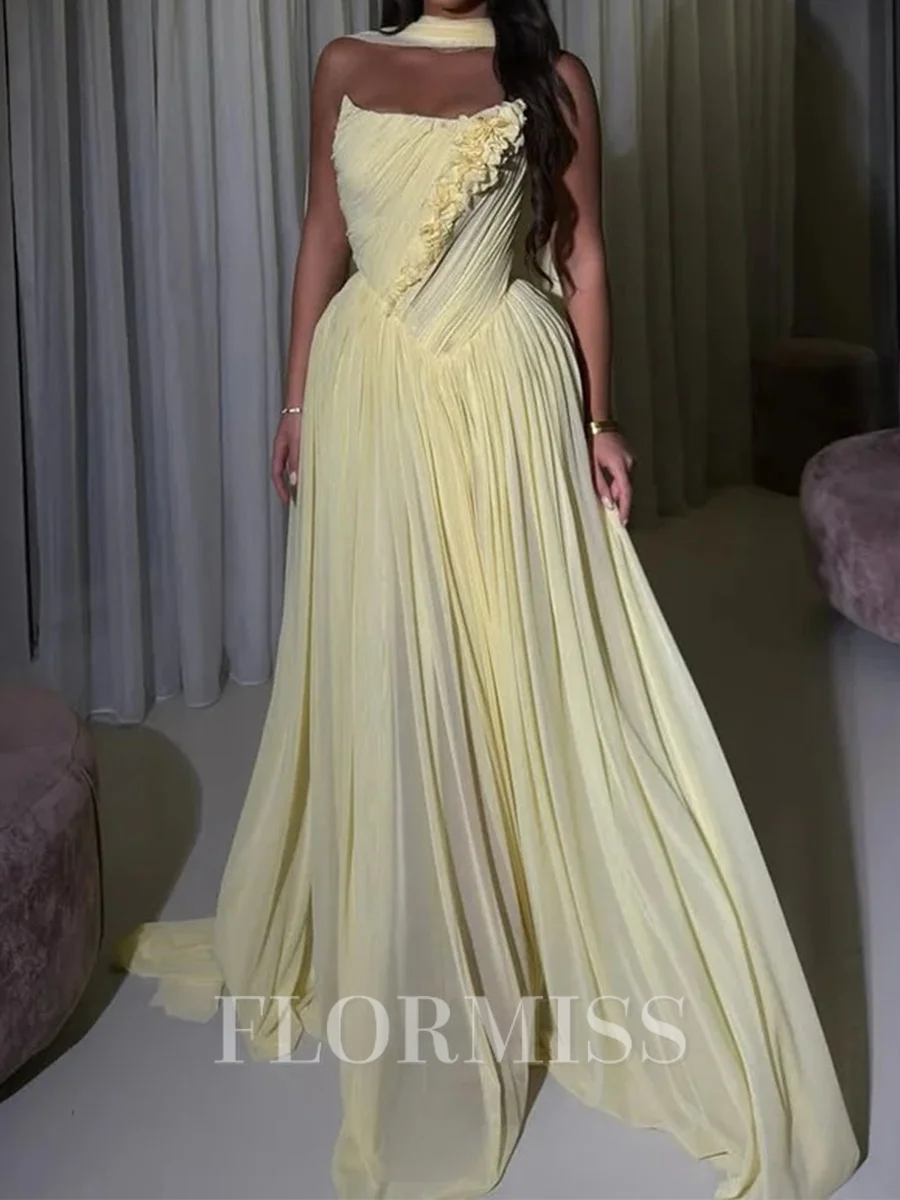 A-line Straight Flower Sweep Train Chiffon Corset Prom Dress