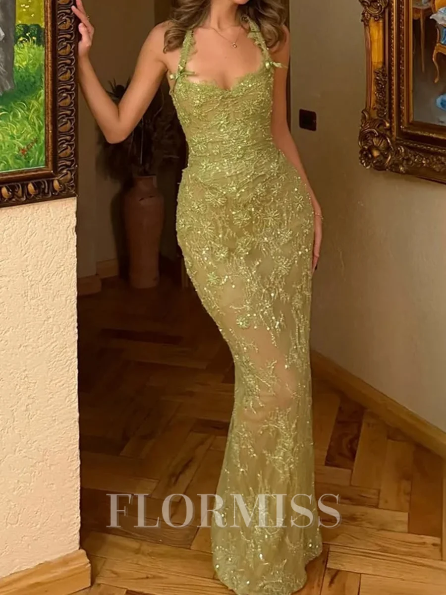 Sheath Halter Appliques Lace Floor-Length Tulle Corset Prom Dress