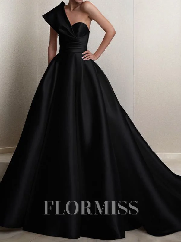 A-Line/Princess One-Shoulder Sweep Train Satin Prom Dresses With Ruffles