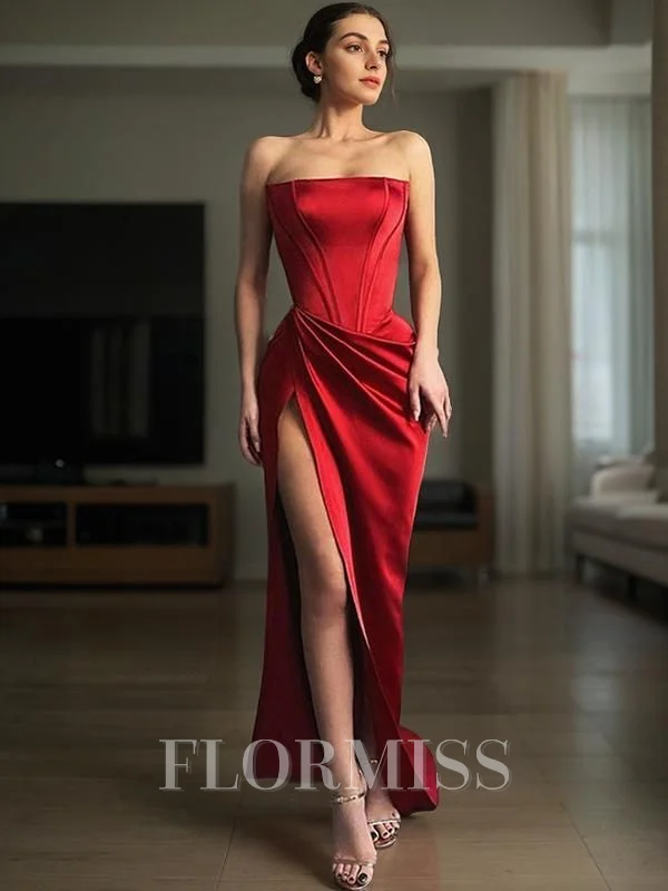 Sheath/Column Strapless Sweep Train Satin Prom Dresses With Leg Slit