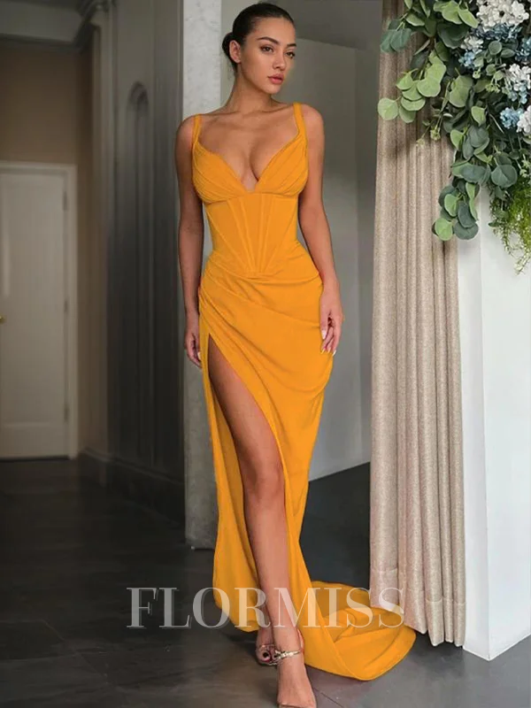 Sheath/Column V-neck Sweep Train Stretch Crepe Prom Dresses With Leg Slit