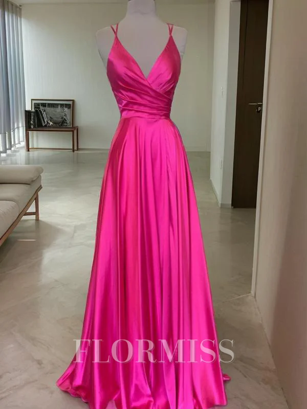 A-Line/Princess V-neck Sweep Train Silk Like Satin Prom Dresses
