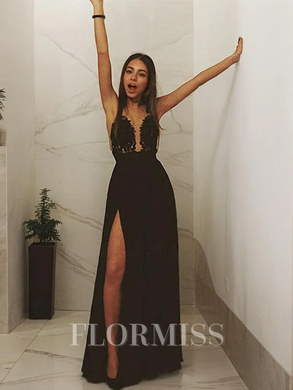 A-Line/Princess Scoop Floor-Length Chiffon Prom Dresses With Leg Slit