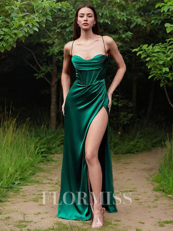 Sheath/Column Spaghetti Straps Sweep Train Silk Like Satin Prom Dresses With Leg Slit