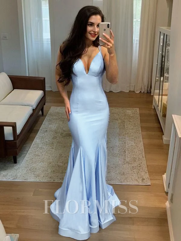 Sheath/Column V-neck Sweep Train Silk like Satin Prom Dresses