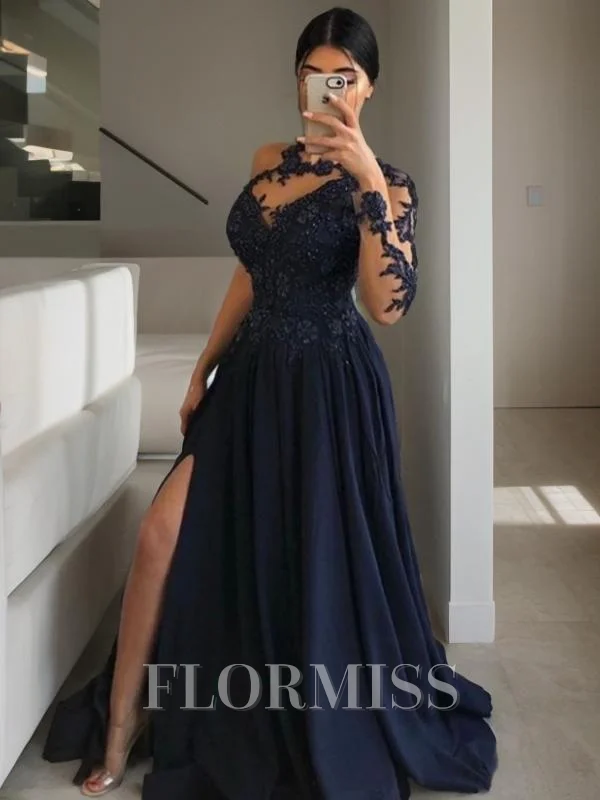 A-Line/Princess Scoop Sweep Train Stretch Crepe Prom Dresses With Leg Slit