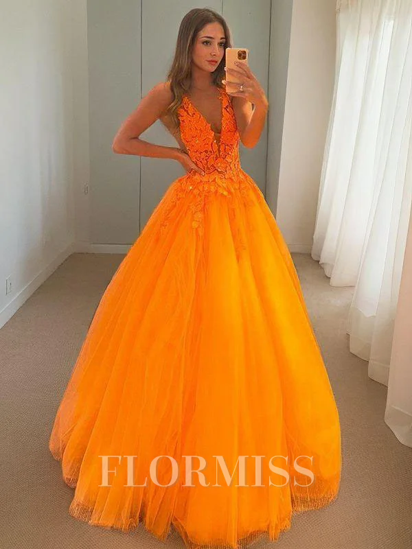 Ball Gown V-neck Floor-Length Tulle Prom Dresses With Appliques Lace