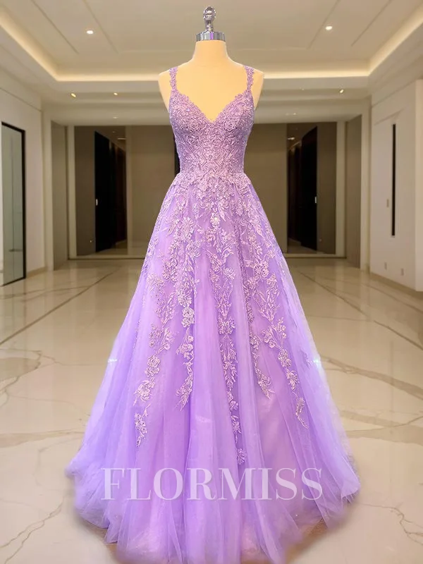 A-Line/Princess V-neck Sweep Train Tulle Prom Dresses With Appliques Lace