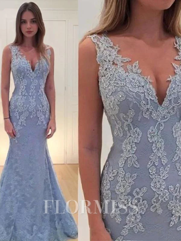 Trumpet/Mermaid V-neck Sweep Train Lace Prom Dresses With Appliques Lace