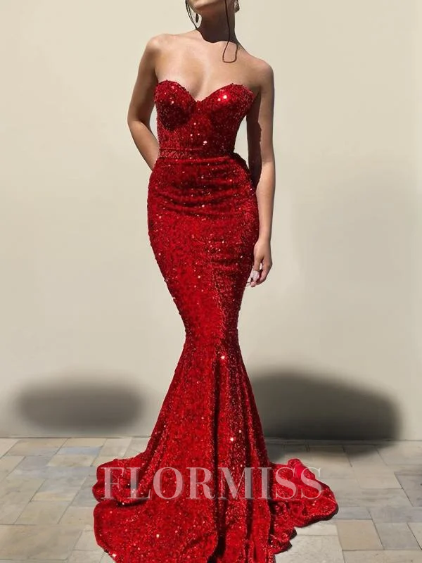 Trumpet/Mermaid Sweetheart Court Train Velvet Sequins Prom Dresses With Ruffles