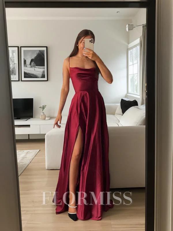 A-Line/Princess Spaghetti Straps Floor-Length Silk like Satin Prom Dresses With Leg Slit