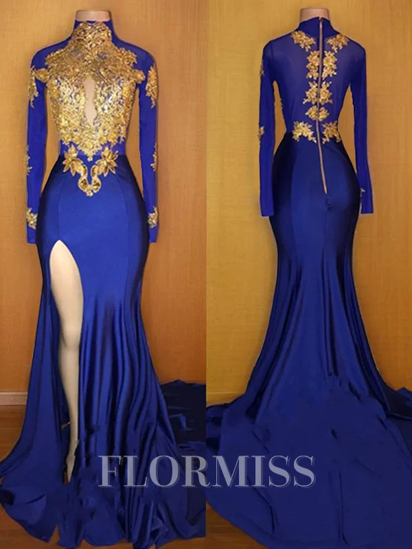 Trumpet/Mermaid High Neck Sweep Train Jersey Prom Dresses With Leg Slit