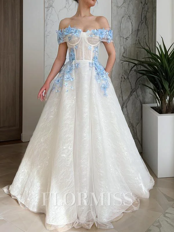 A-Line/Princess Off-the-Shoulder Floor-Length Lace Prom Dresses With Pockets
