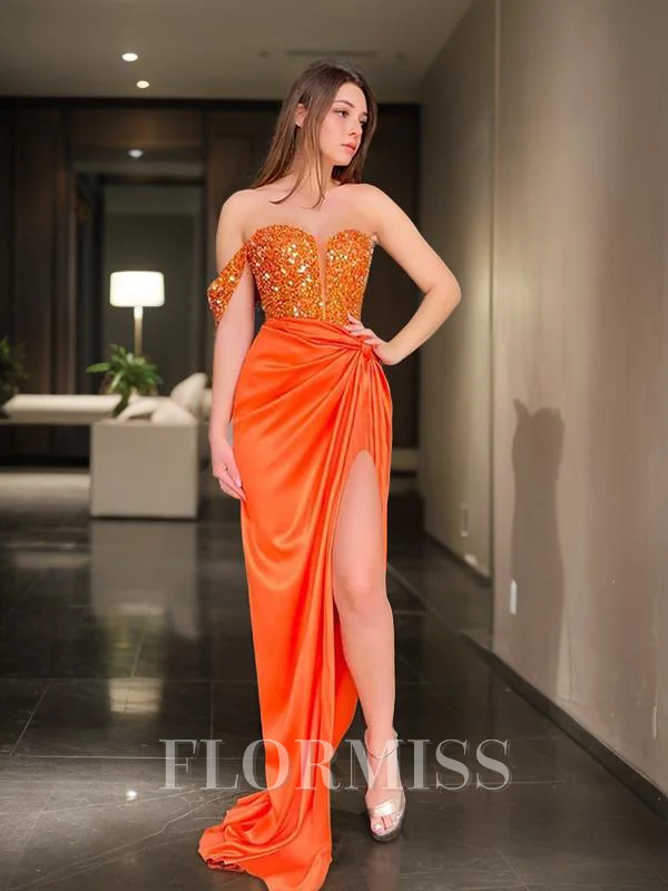 Sheath/Column One-Shoulder Sweep Train Silk Like Satin Prom Dresses With Leg Slit