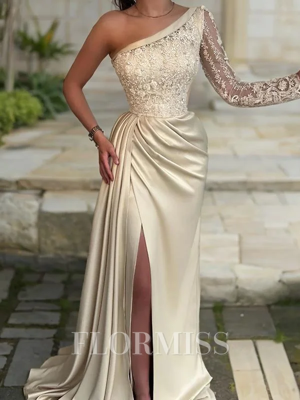 Sheath/Column One-Shoulder Sweep Train Silk Like Satin Prom Dresses With Leg Slit