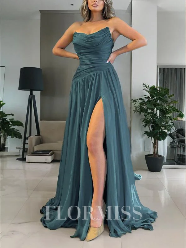 A-Line/Princess Strapless Sweep Train 30D Chiffon Prom Dresses With Leg Slit