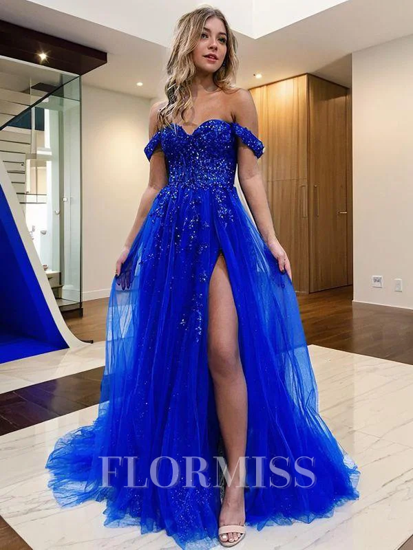 A-Line/Princess Off-the-Shoulder Sweep Train Tulle Prom Dresses With Leg Slit