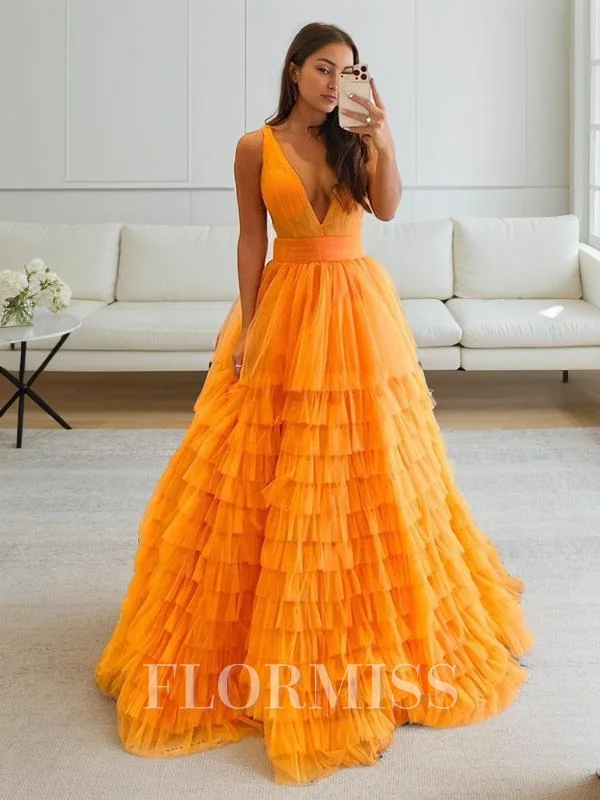 A-Line/Princess V-neck Floor-Length Tulle Prom Dresses With Ruffles