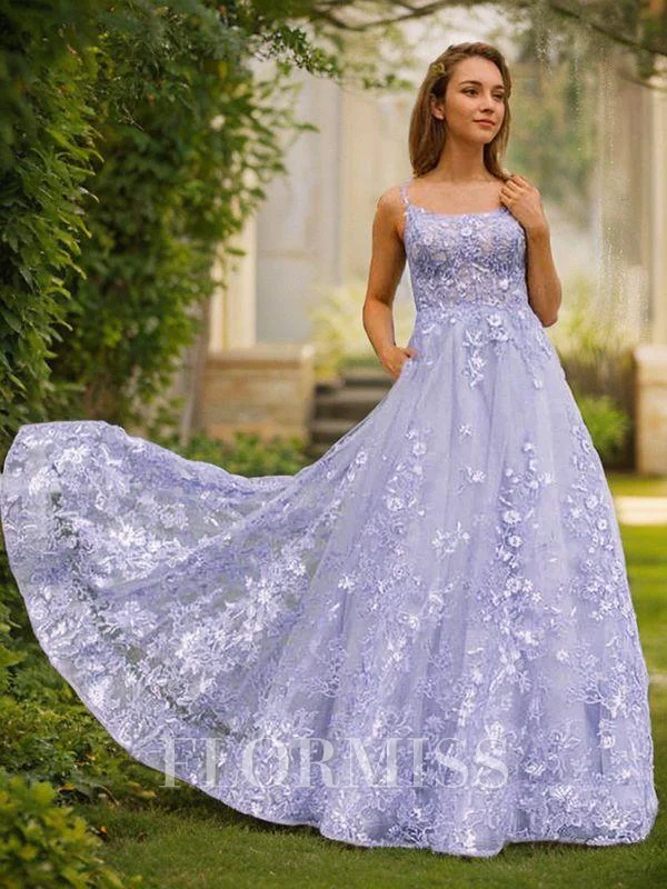 A-Line/Princess Spaghetti Straps Sweep Train Tulle Prom Dresses With Appliques Lace