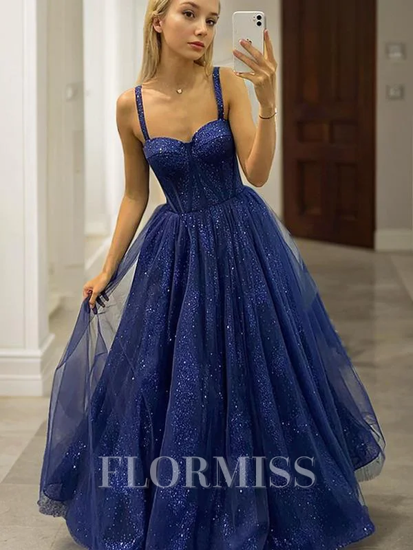 A-Line/Princess Straps Sweep Train Tulle Prom Dresses With Ruffles