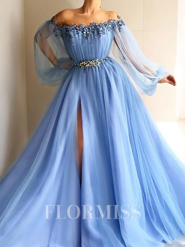 A-Line/Princess Off-the-Shoulder Floor-Length Tulle Prom Dresses With Leg Slit