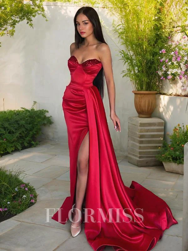 Sheath/Column Sweetheart Sweep Train Silk Like Satin Prom Dresses With Leg Slit