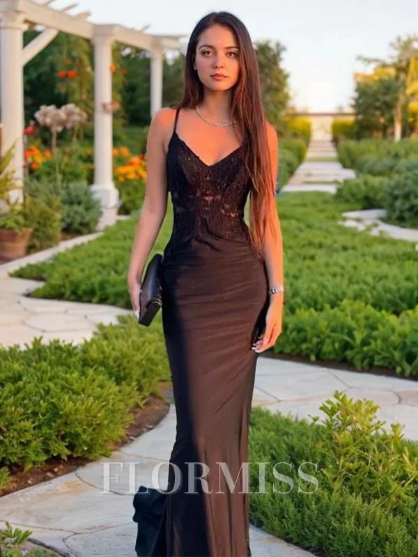 Sheath/Column V-neck Sweep Train Silk Like Satin Prom Dresses With Appliques Lace