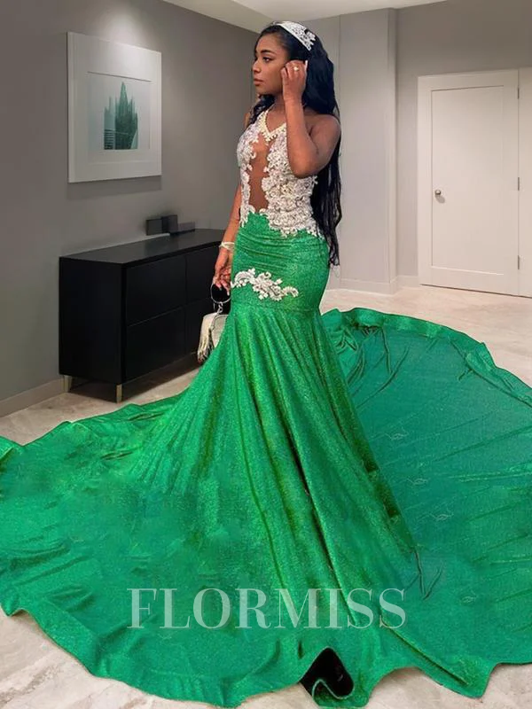 Trumpet/Mermaid Scoop Chapel Train Silk like Satin Prom Dresses With Appliques Lace