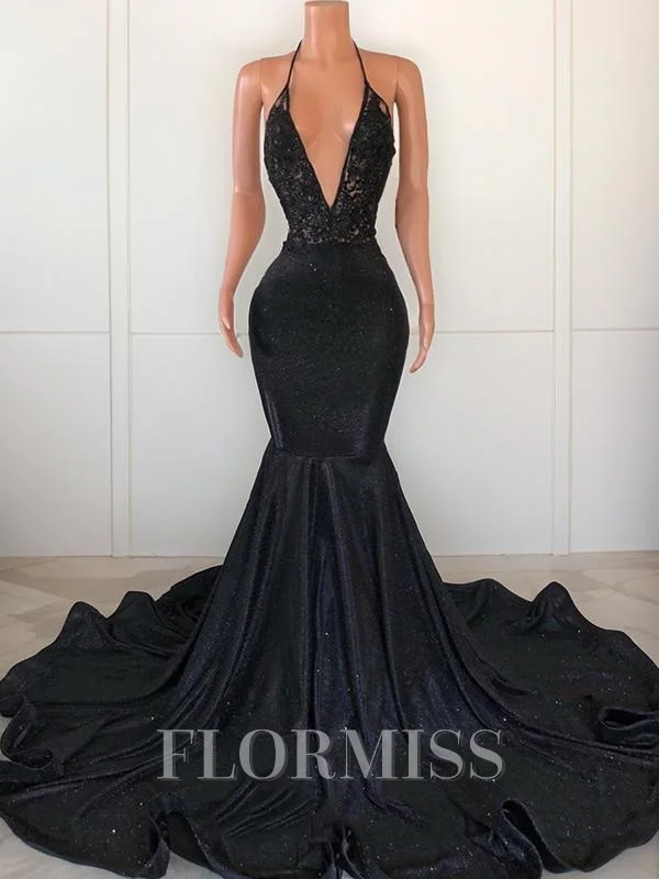 Trumpet/Mermaid V-neck Sweep Train Prom Dresses With Appliques Lace