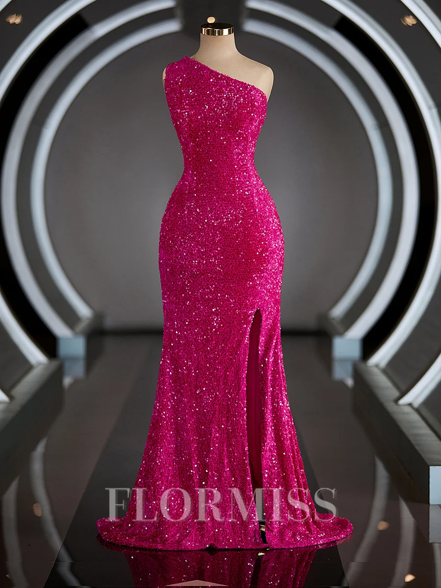 Sheath/Column One-Shoulder Sweep Train Prom Dresses With Ruffles
