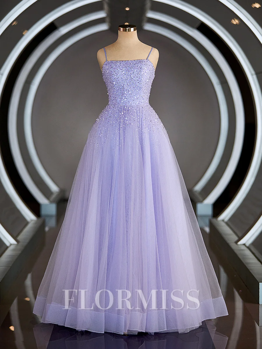 A-Line/Princess Spaghetti Straps Floor-Length Tulle Prom Dresses With Beading