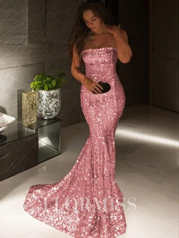 Trumpet/Mermaid Strapless Sweep Train Sequins Prom Dresses