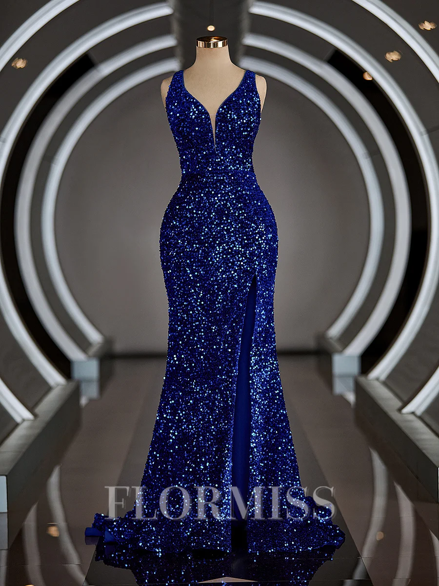 Sheath/Column V-neck Sweep Train Velvet Sequins Prom Dresses With Leg Slit