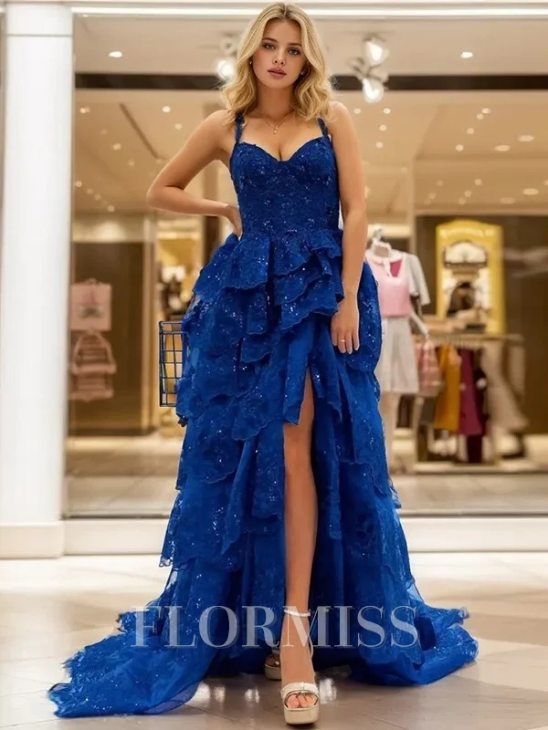 A-line Straps Appliques Lace Sweep Train Tulle Dress