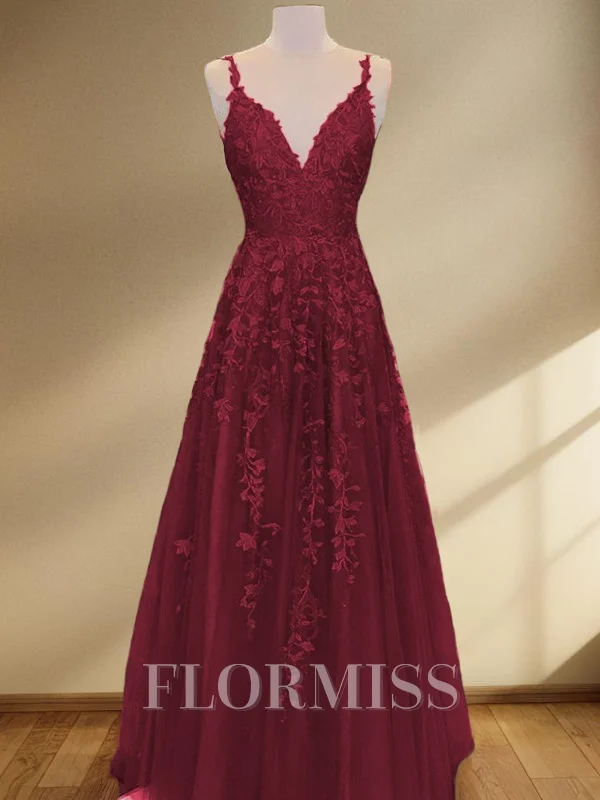 A-Line/Princess V-neck Floor-Length Tulle Prom Dresses With Appliques Lace