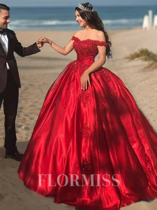 Ball Gown Off-the-Shoulder Sweep Train Satin Prom Dresses With Appliques Lace
