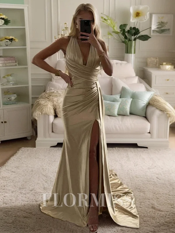 Sheath Halter Pleated Sweep Train Silk Like Satin Dress