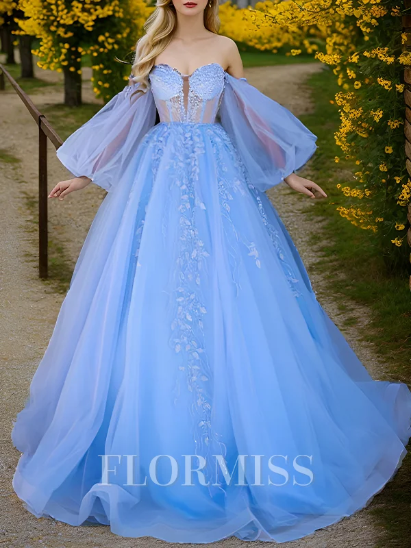 Ball Gown Sweetheart Long Sleeves Appliques Lace Sweep Train Tulle Corset Dress