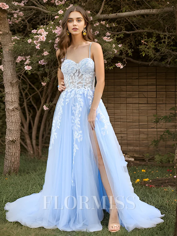 A-line Spaghetti Straps Appliques Lace Court Train Tulle Corset Dress