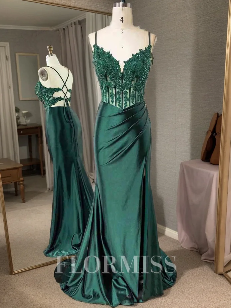 Sheath Spaghetti Straps Appliques Lace Sweep Train Silk Like Satin Corset Dress